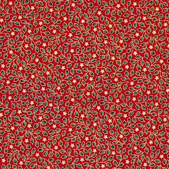 Mini holly leaves and stars in gold lacquer printed on a red christmas cotton fabric