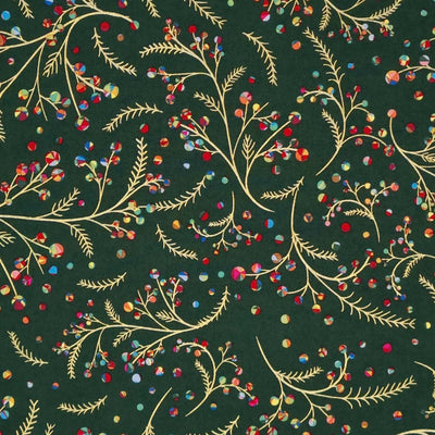 Rainbow coloured holly berries on festive branches printed on a bottle green cotton fabric