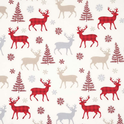 Silver and red check reindeer print on a 100% cotton, ivory fabric.