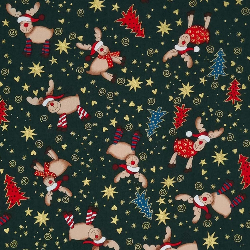 Cute , smiling reindeer wearing colourful scarves and santa hats and metallic stars and hearts are printed on this festive green, cotton fabric by Rose & Hubble.