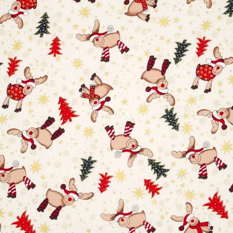 Cute , smiling reindeer wearing colourful scarves and santa hats and metallic stars and hearts are printed on this ivory, cotton fabric by Rose & Hubble.