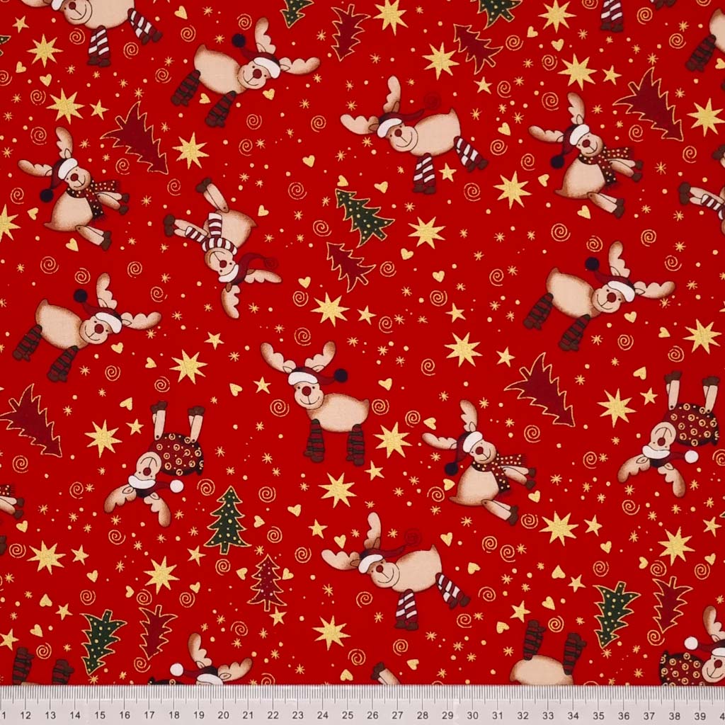 Cute , smiling reindeer wearing colourful scarves and santa hats and metallic stars and hearts are printed on this red, cotton fabric by Rose & Hubble with a cm ruler