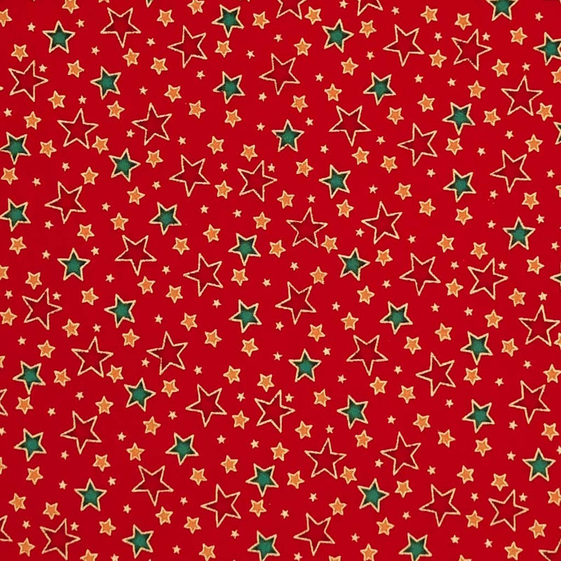 Red, green and gold stars with a metallic effect are printed on a red, 100% cotton fabric by Rose & Hubble.