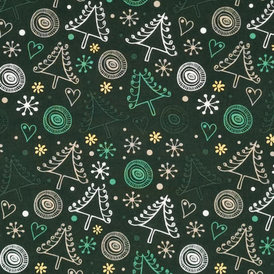 Swirly green and ivory christmas trees printed on a green cotton fabric