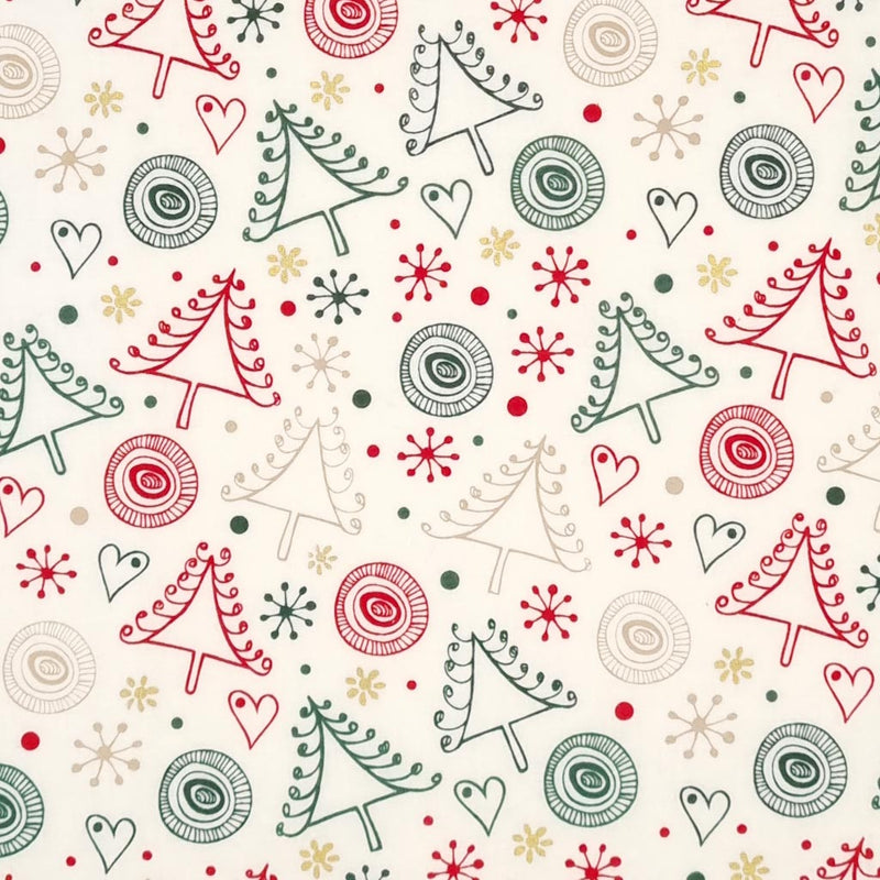 Swirly red and green chrismas trees printed on an ivory cotton fabric