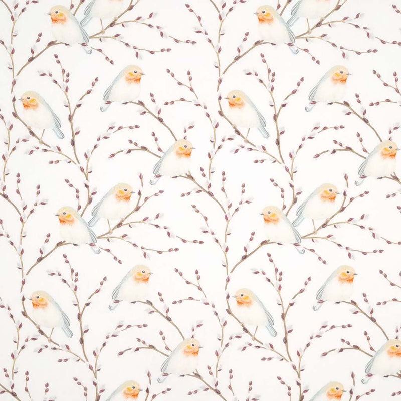 Beautiful robins perched on tree branches are printed on a quality white 100% cotton fabric.