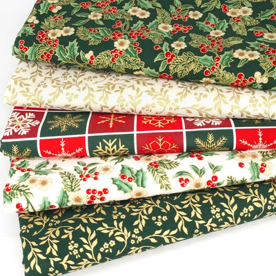 5 cotton fabrics with gold metallic design features. The prints include a holly with flowers and a small metallic floral design as well as a red and green checkboard