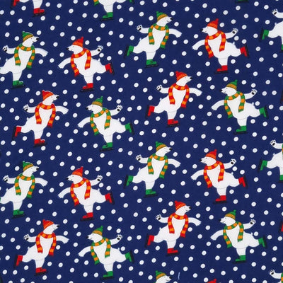 Happy skating polar bears are printed on a navy polycotton fabric.