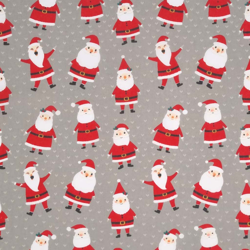 A smiley Santa is surrounded by cute love hearts and are printed on a silver polycotton fabric