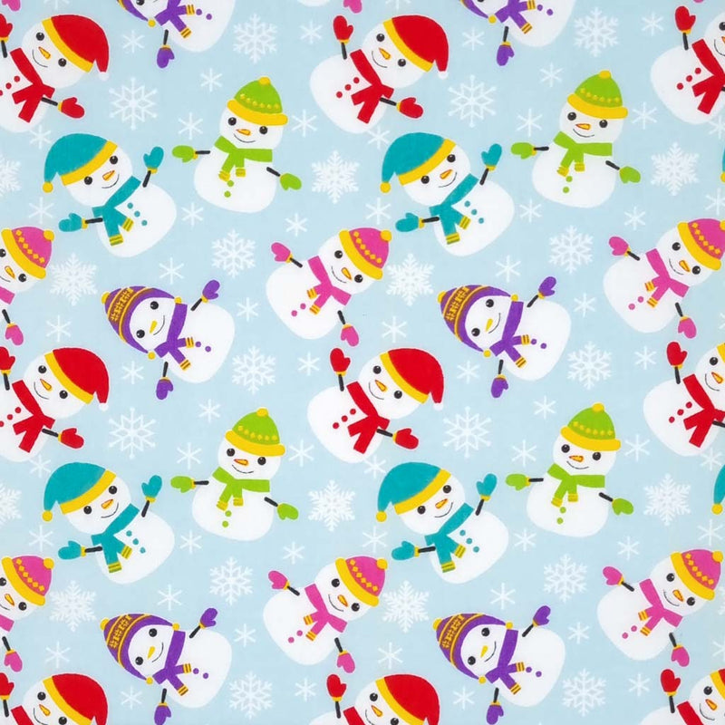 Happy scattered snowmen and snowflakes are printed on a light blue polycotton fabric.