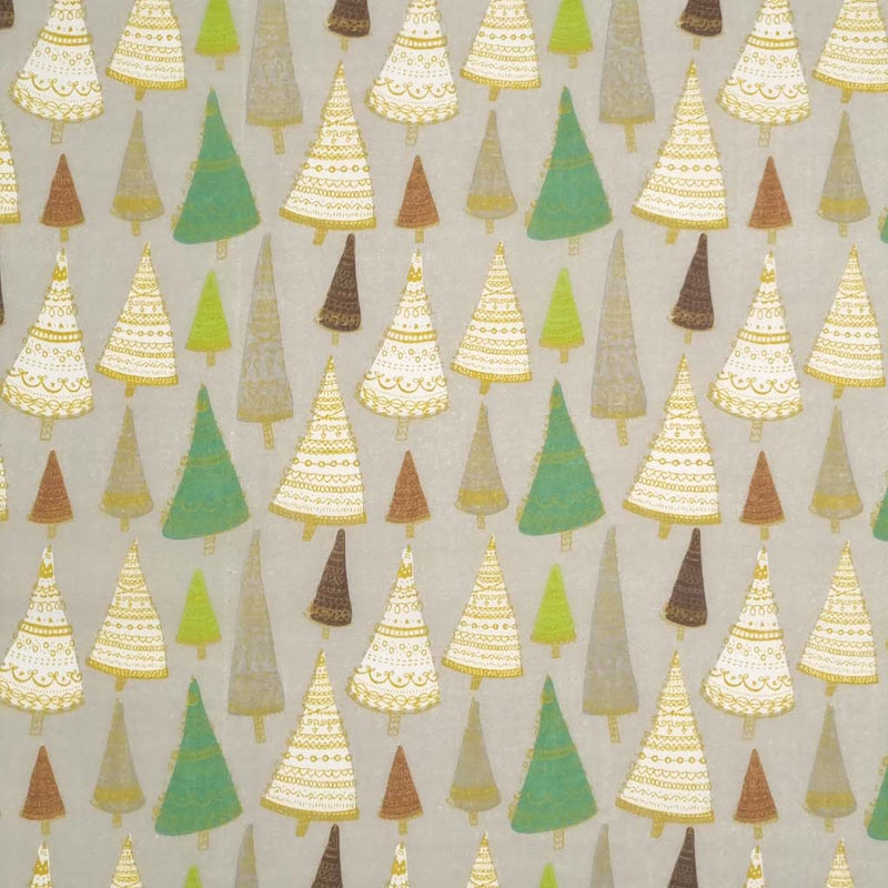 Intricate hand-drawn Christmas trees are printed on a silver polycotton fabric.