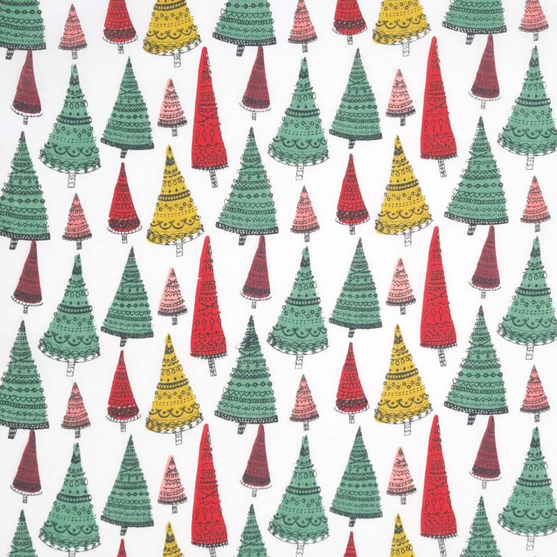 Intricate hand-drawn Christmas trees are printed on a white polycotton fabric.
