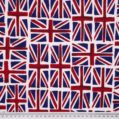 Union flags in a painted effect printed on a 100% cotton fabric with a cm ruler