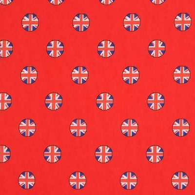 Union jack flags in small circles are printed on a good quality, cotton rich, red polycotton fabric.