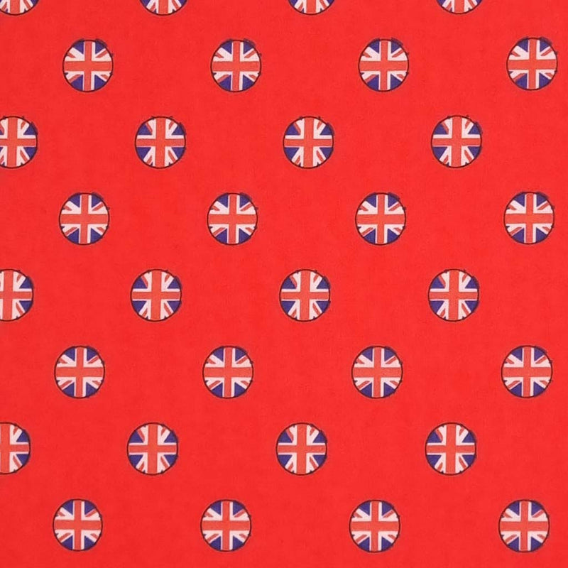 Union jack flags in small circles are printed on a good quality, cotton rich, red polycotton fabric.