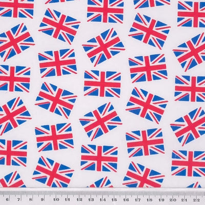 Flying union jack flags fabric print with a cm ruler