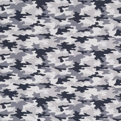 A greyscale camo printed on a cotton jersey fabric