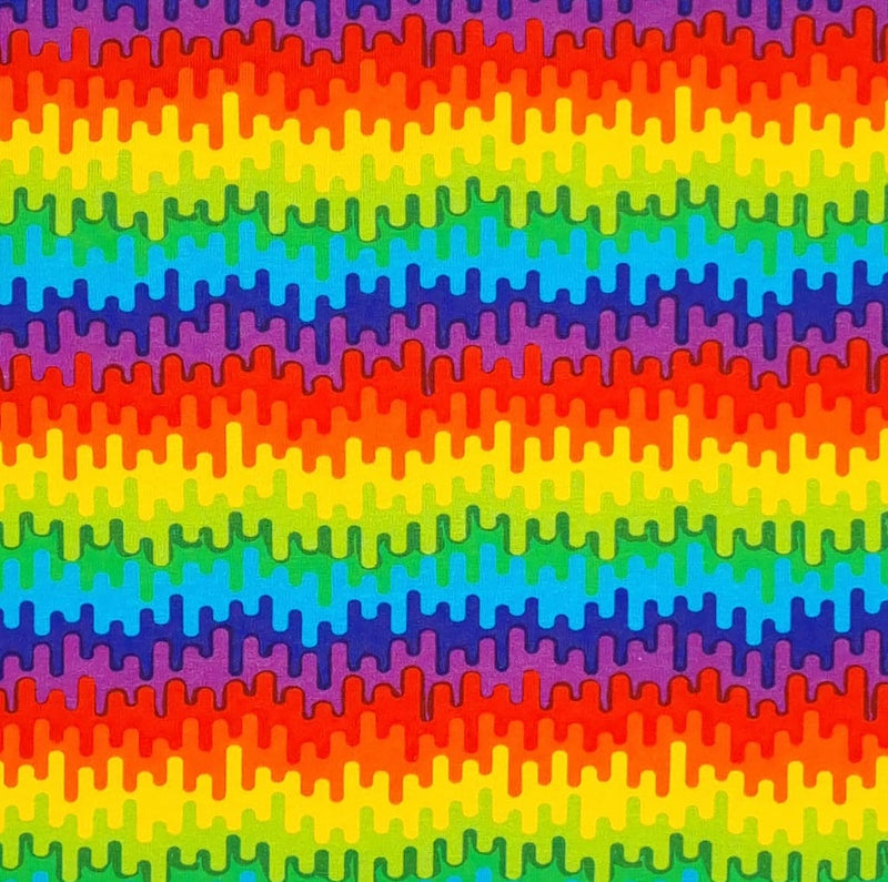 Brightly coloured rainbow swiggles printed on a 100% cotton jersey fabric.