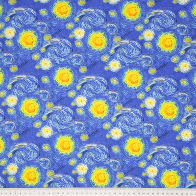 A beautiful Vincent Van Gogh inspired starry night print on a quality 100% cotton fabric with a cm ruler at the bottom