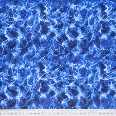 A mesmerising bright white and blue swirling flame digitally printed on a quality black 100% cotton fabric with a cm ruler at the bottom