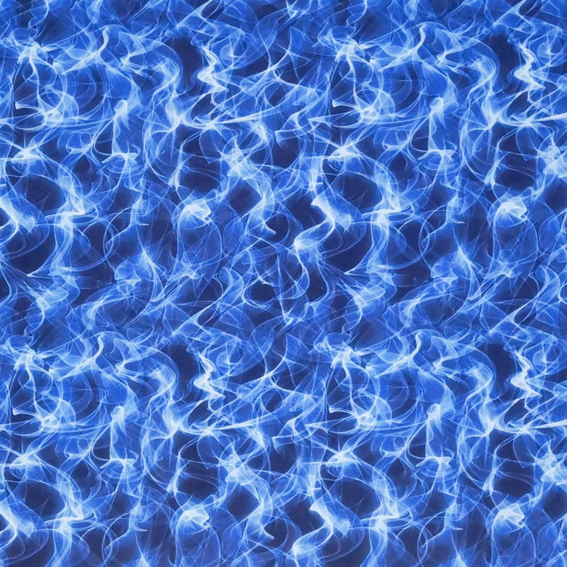 A mesmerising bright white and blue swirling flame digitally printed on a quality black 100% cotton fabric.