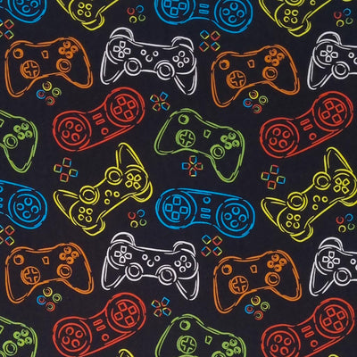 Blue, red, orange, yellow and green game controllers are digitally printed on a quality black 100% cotton fabric.