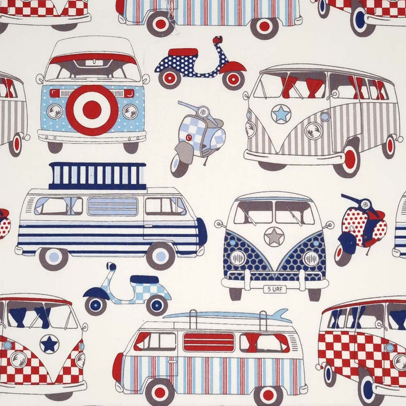 Camper vans are printed on a cream 100% cotton fabric