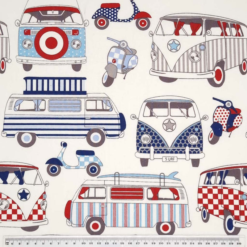 Camper vans are printed on a cream 100% cotton fabric with a cm ruler
