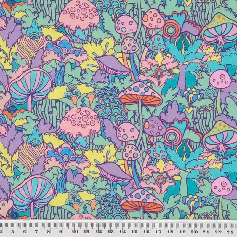 psychadelic retro mushroom design by Litle Johnny printed 100% cotton fabric with a cm ruler