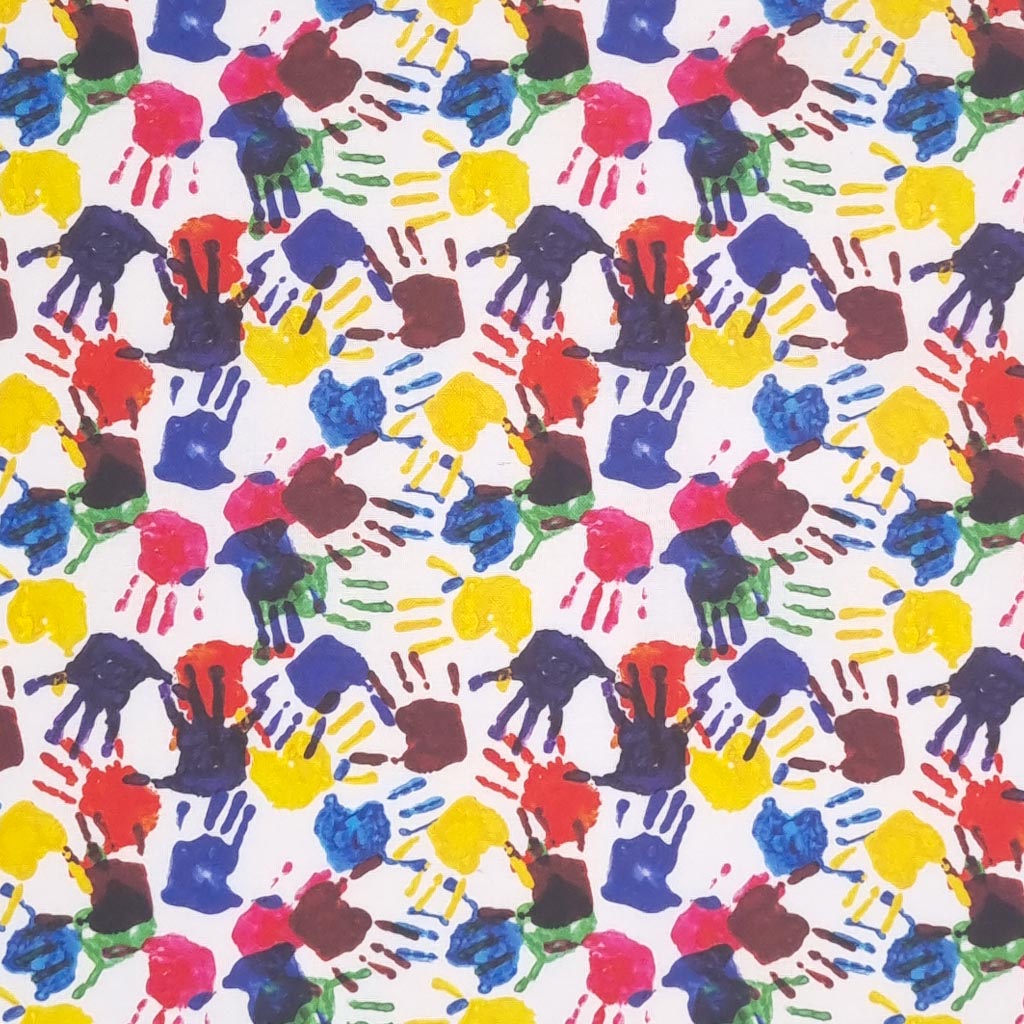Blue, red, green and yellow painted hand prints are digitally printed on a quality white 100% cotton fabric.