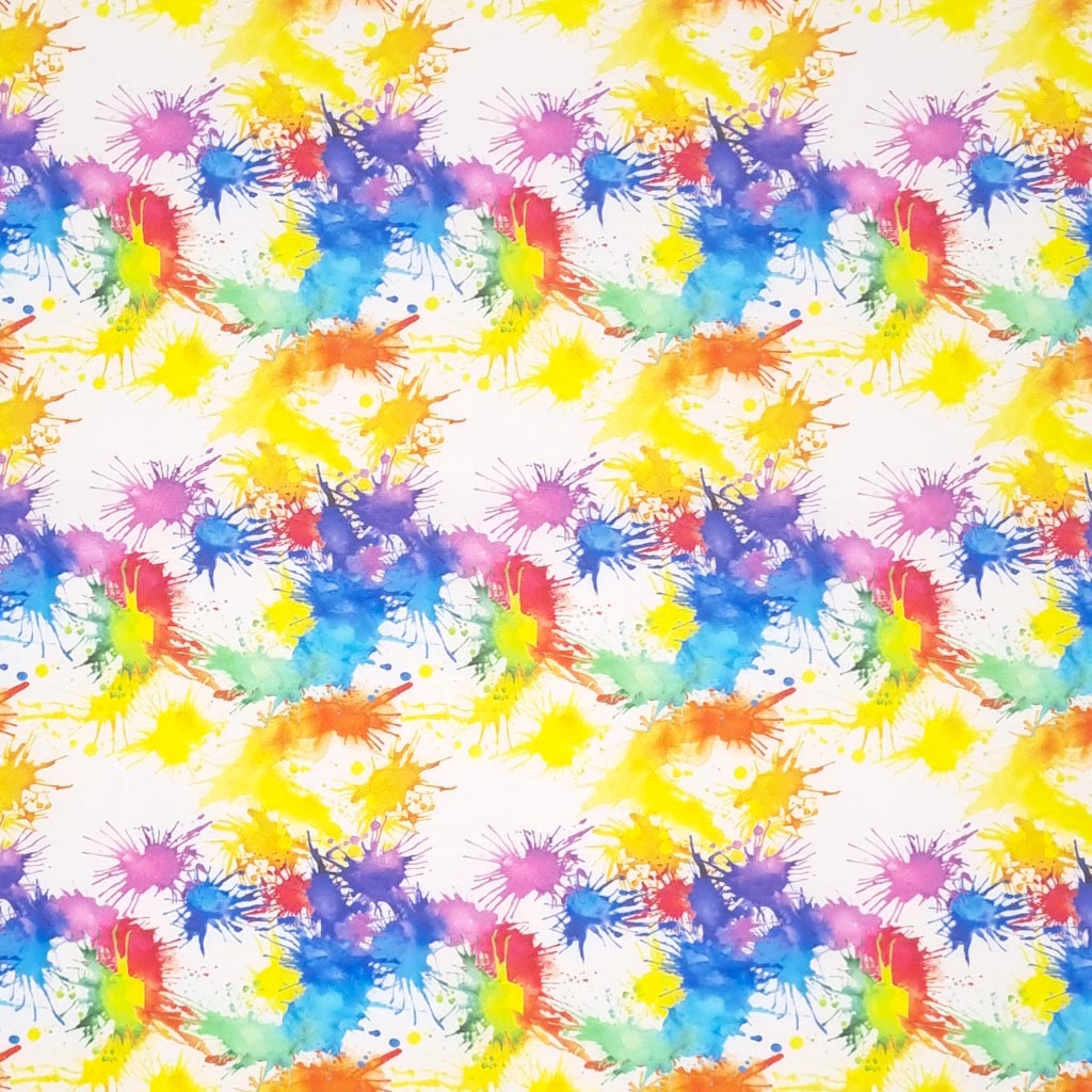Blue, red, green, purple and yellow paint splashes are digitally printed on a quality white 100% cotton fabric.