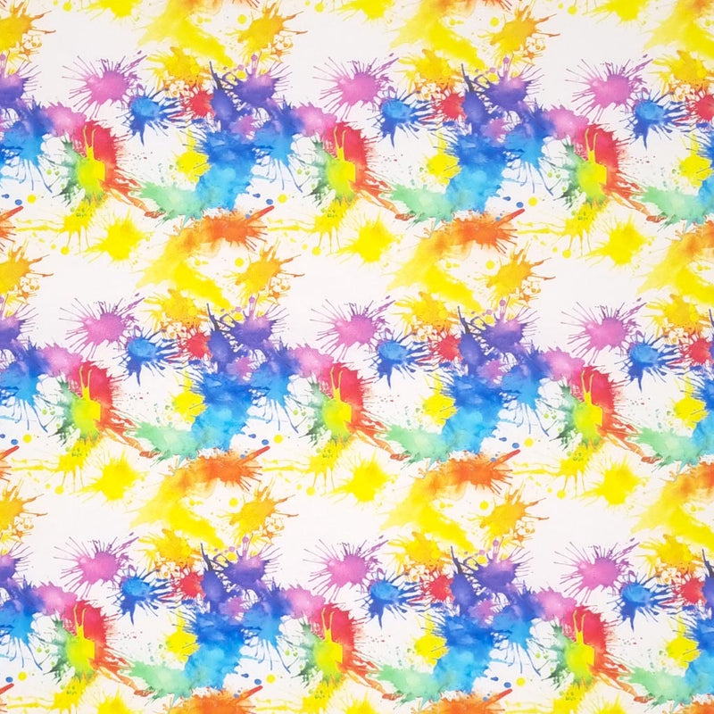 Blue, red, green, purple and yellow paint splashes are digitally printed on a quality white 100% cotton fabric.