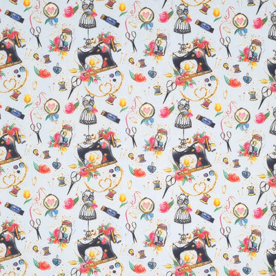 Vintage sewing machines, needles, threads, bobbins and many more of sewing essentials are digitally printed on a quality sky blue 100% cotton fabric. 