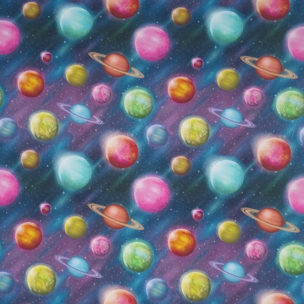Brightly coloured planets are digitally printed on a quality multi-colour 100% cotton fabric.