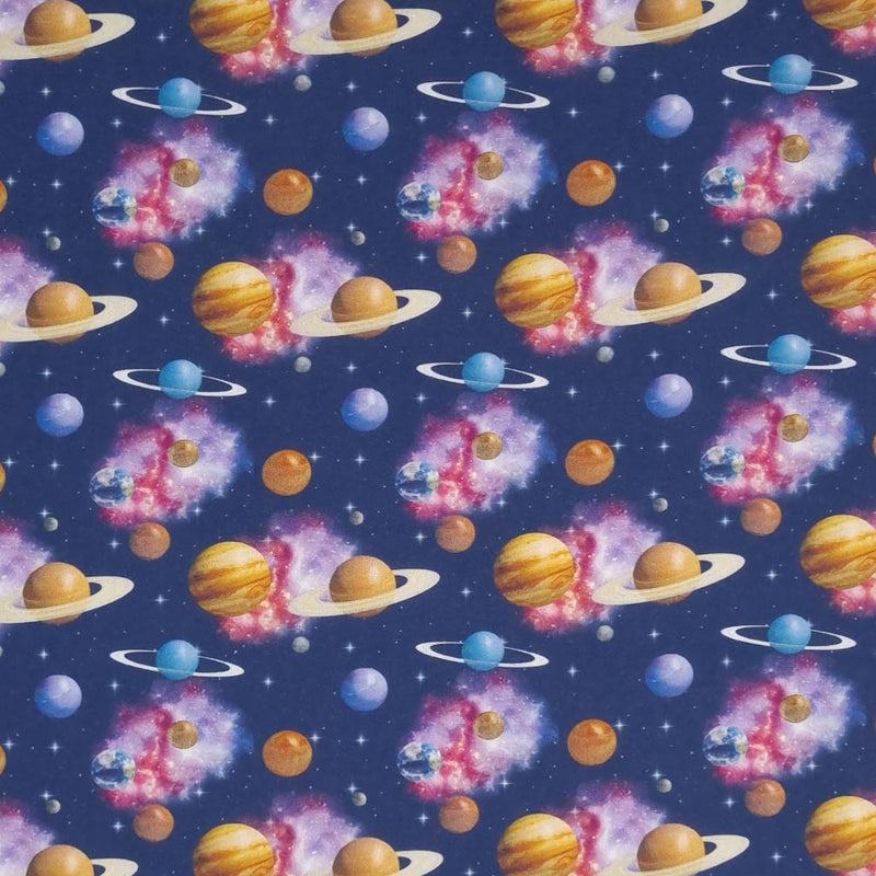 Brightly coloured planets, stars and clouds are digitally printed on a quality navy 100% cotton fabric.