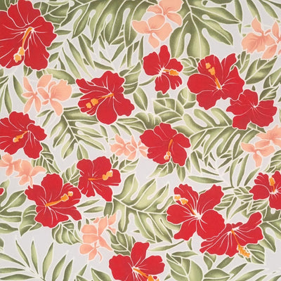 Vibrant pink and red flowers are printed on a pale grey coloured 100% cotton poplin.