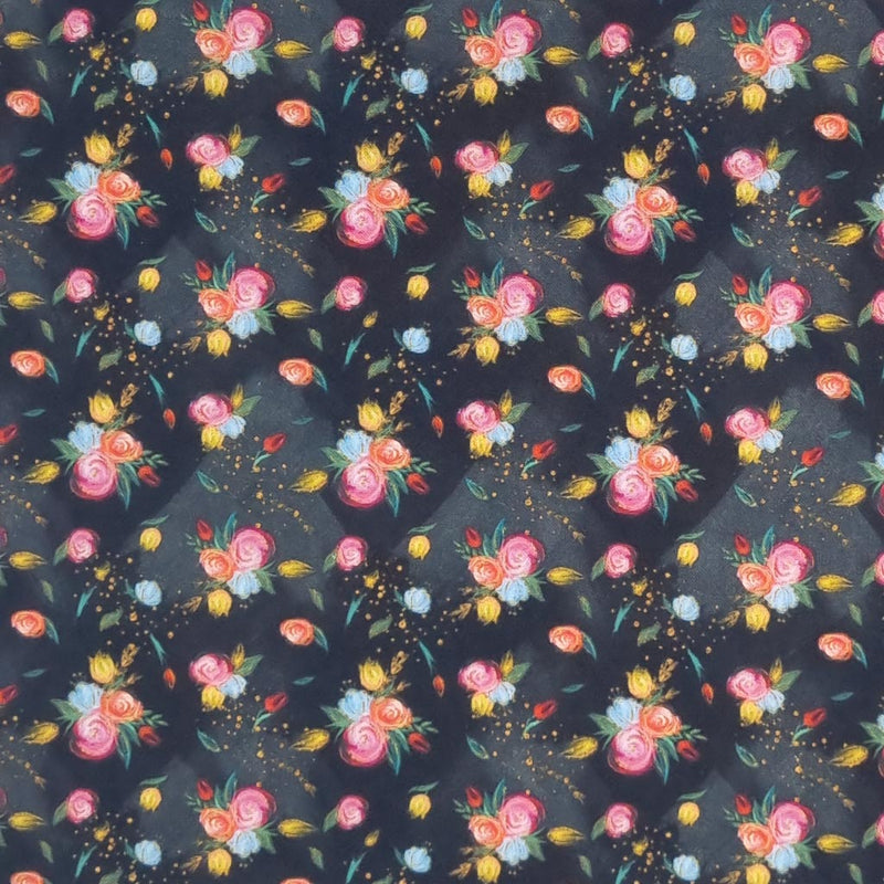 Pink, red, yellow and blue bunches of rose flowers are digitally printed on a quality black 100% cotton fabric. 