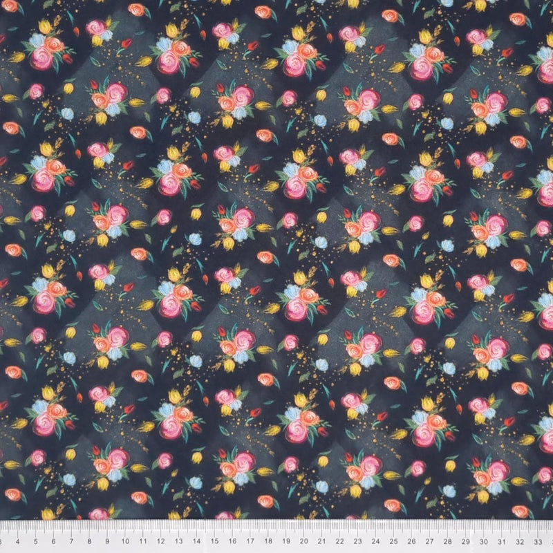 Pink, red, yellow and blue bunches of rose flowers are digitally printed on a quality black 100% cotton fabric with a cm ruler at the bottom