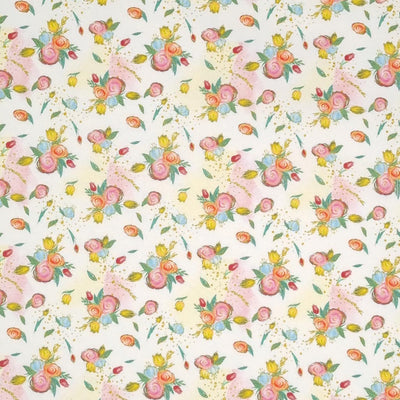 Pink, red, yellow and blue bunches of rose flowers are digitally printed on a quality white 100% cotton fabric. 