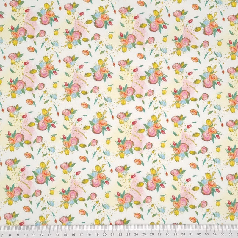 Pink, red, yellow and blue bunches of rose flowers are digitally printed on a quality white 100% cotton fabric with a cm ruler at the bottom