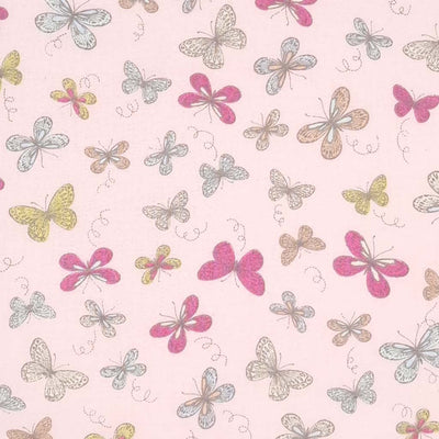 Pretty butterflies in duck egg, cerise and green are printed on a pastel pink, 100% cotton fabric.