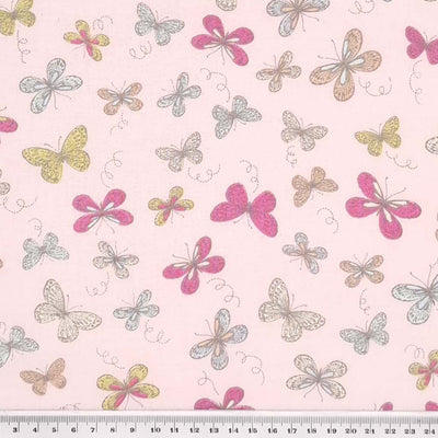 Pretty butterflies in duck egg, cerise and green are printed on a pastel pink, 100% cotton fabric with a cm ruler