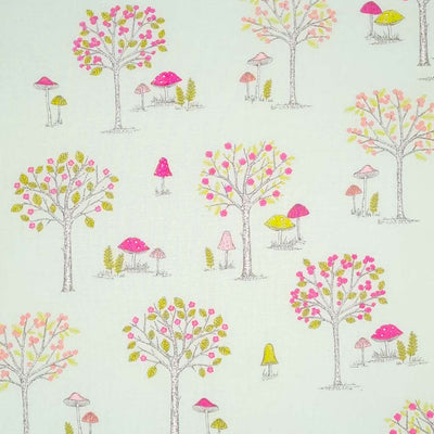 A woodland forest scene with cerise and green toadstools is printed on a duck egg, 100% cotton fabric.