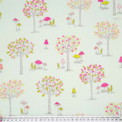 A woodland forest scene with cerise and green toadstools is printed on a duck egg, 100% cotton fabric with a cm ruler