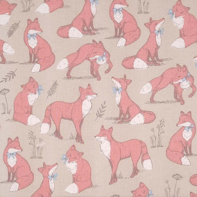 A woodland fox sporting a blue neck tie is printed on a taupe, 100% cotton fabric with a cm ruler