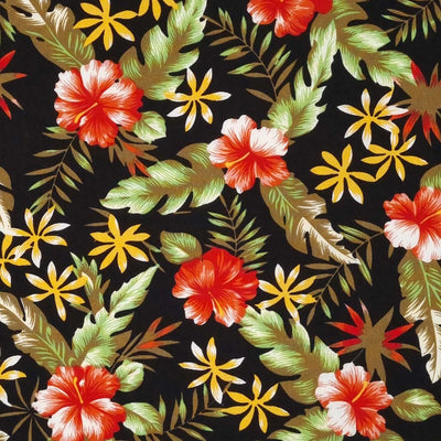 A tropical sunshine floral design printed on a black, lightweight cotton poplin fabric