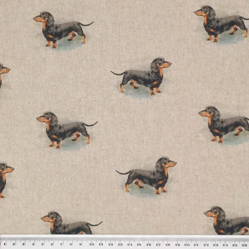 Dachshund dogs printed on a craft canvas fabric with a cm ruler