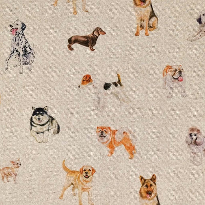Different breeds of show dogs are printed on a craft canvas panama fabric
