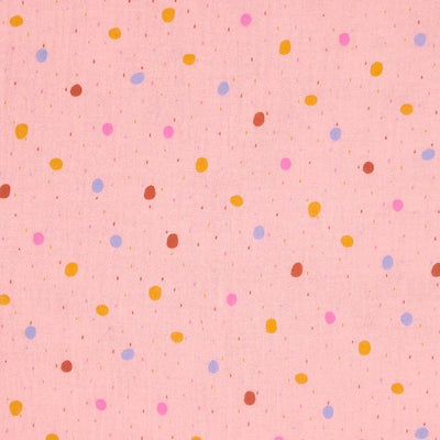Colourful rainy dots printed on a light rose pink double gauze fabric. 