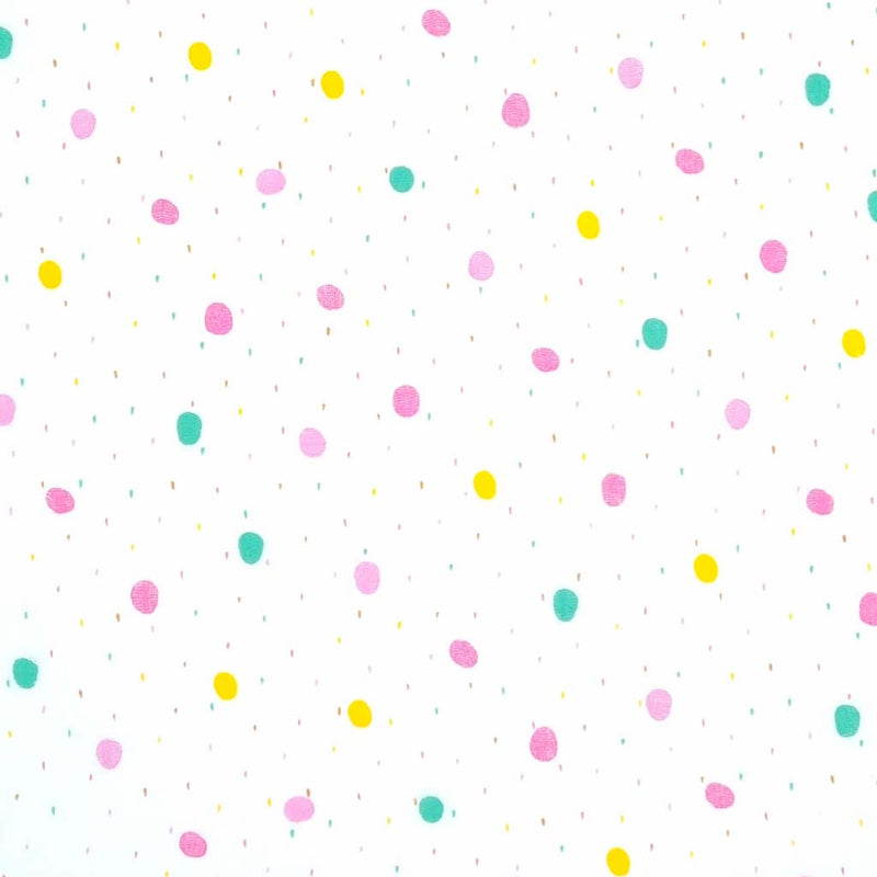 Colourful rainy dots printed on a white double gauze fabric